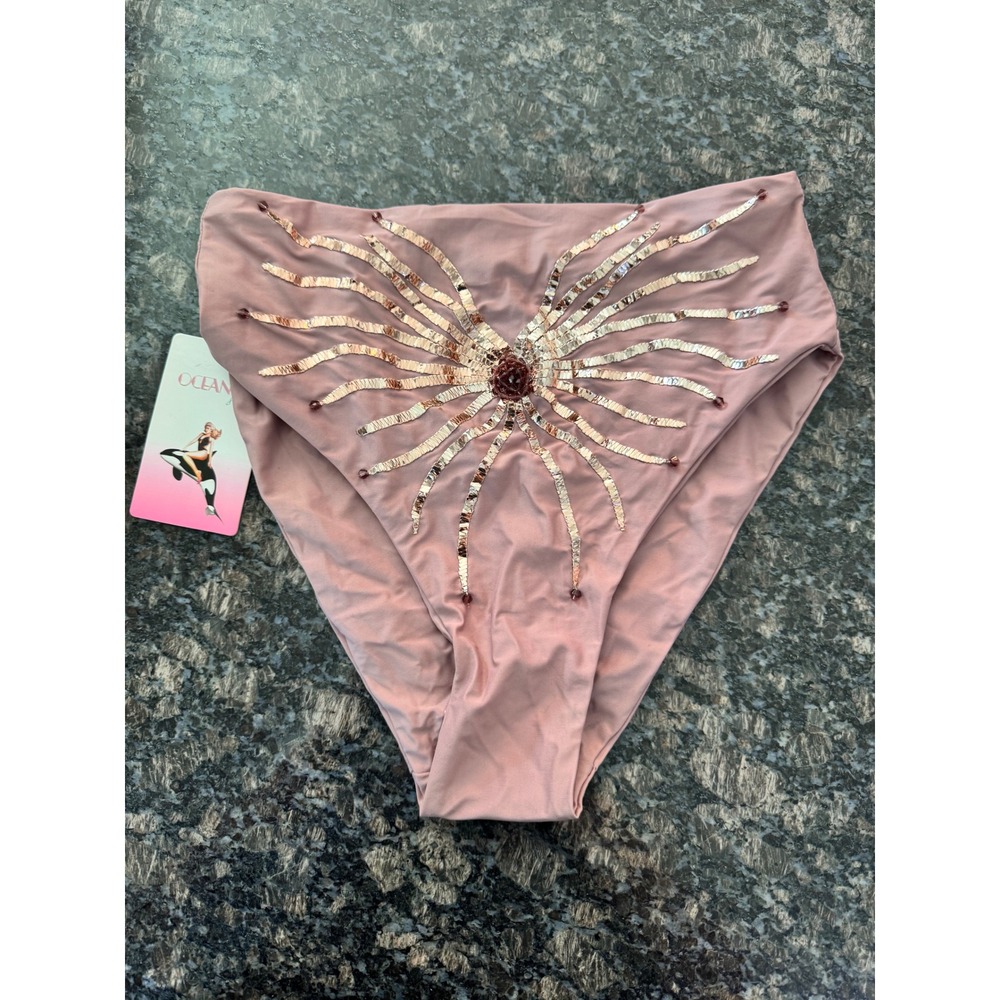 Oceanus Ursula Bikini Bottom Mauve Pink Sequin Beaded‎ High Waist Swim Small NEW